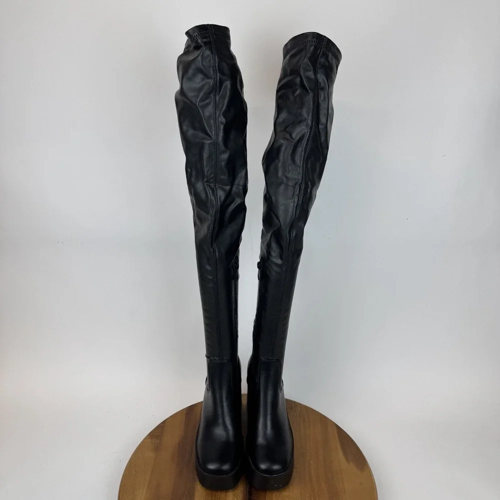 New Womens Azalea‎ Wang Adrianne Black Faux Leather Over The Knee Boots Size 7 M
